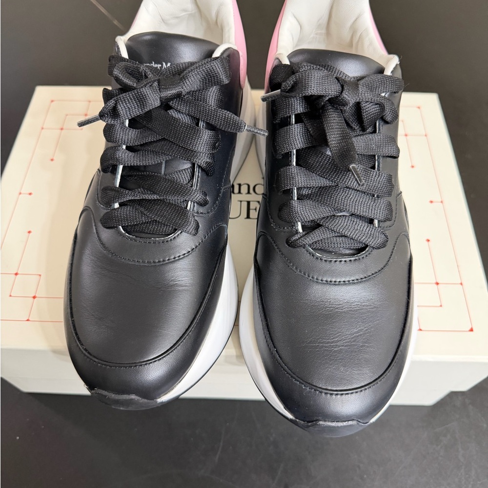 Black Leather Sneakers with Pink Heel Accent